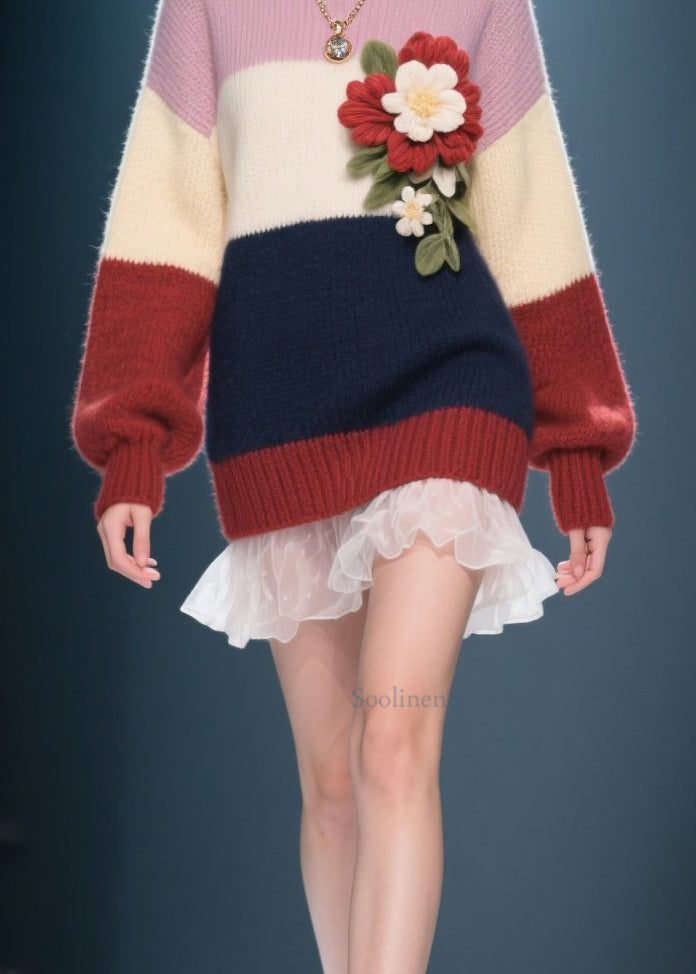 Chic Colorblock O Neck Floral Tulle Patchwork Knit Sweater Dress Fall