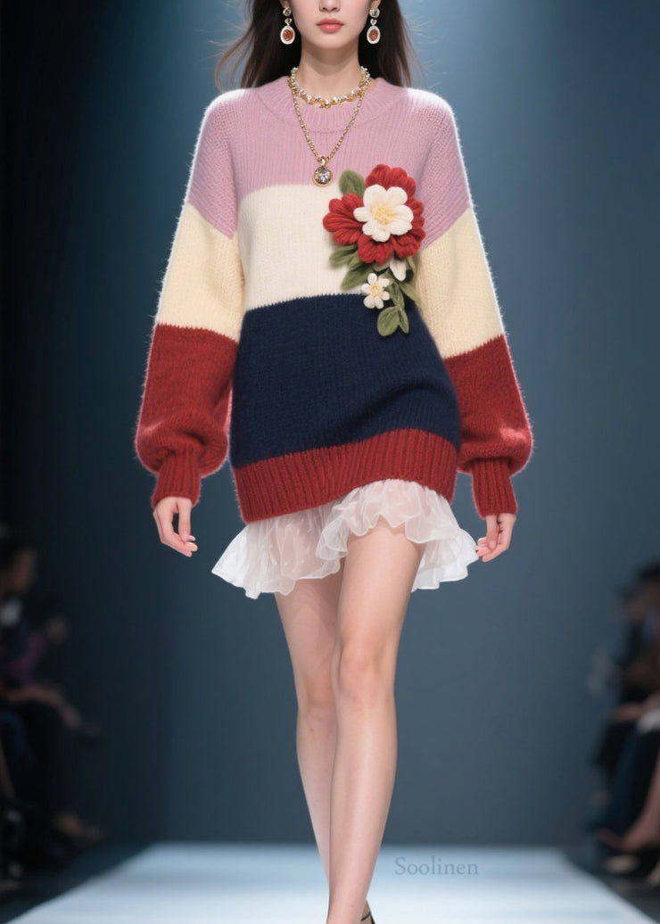 Chic Colorblock O Neck Floral Tulle Patchwork Knit Sweater Dress Fall