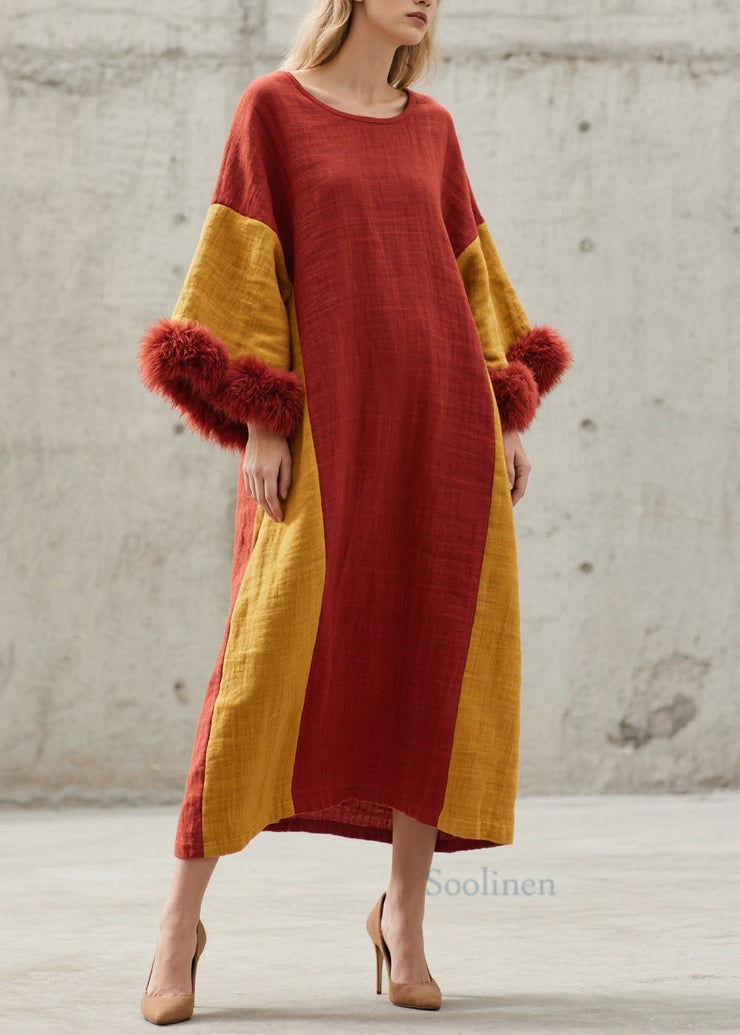 Chic Colorblock O Neck Fuzzy Fur Patchwork Cotton Long Dresses Fall