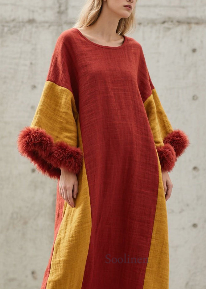 Chic Colorblock O Neck Fuzzy Fur Patchwork Cotton Long Dresses Fall