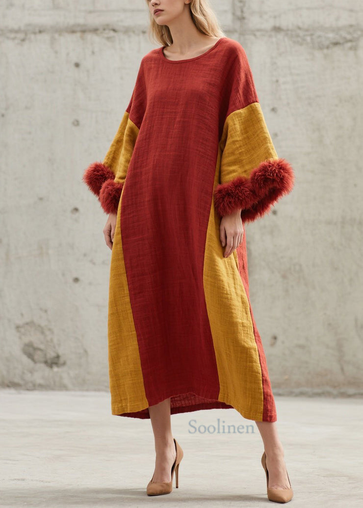 Chic Colorblock O Neck Fuzzy Fur Patchwork Cotton Long Dresses Fall