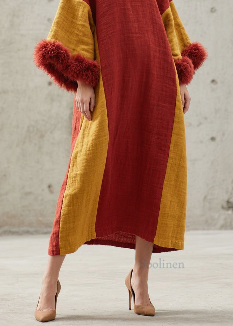 Chic Colorblock O Neck Fuzzy Fur Patchwork Cotton Long Dresses Fall