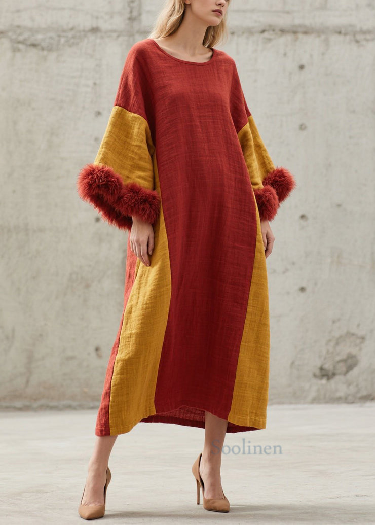 Chic Colorblock O Neck Fuzzy Fur Patchwork Cotton Long Dresses Fall