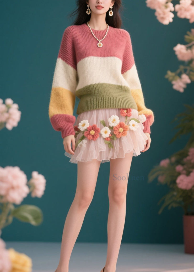 Chic Colorblock O Neck Knit Short Sweaters Winter