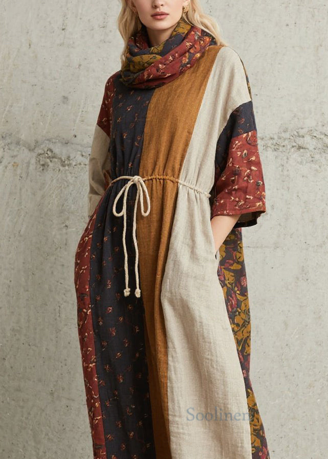Chic Colorblock Print Lace Up Cotton Dress Summer
