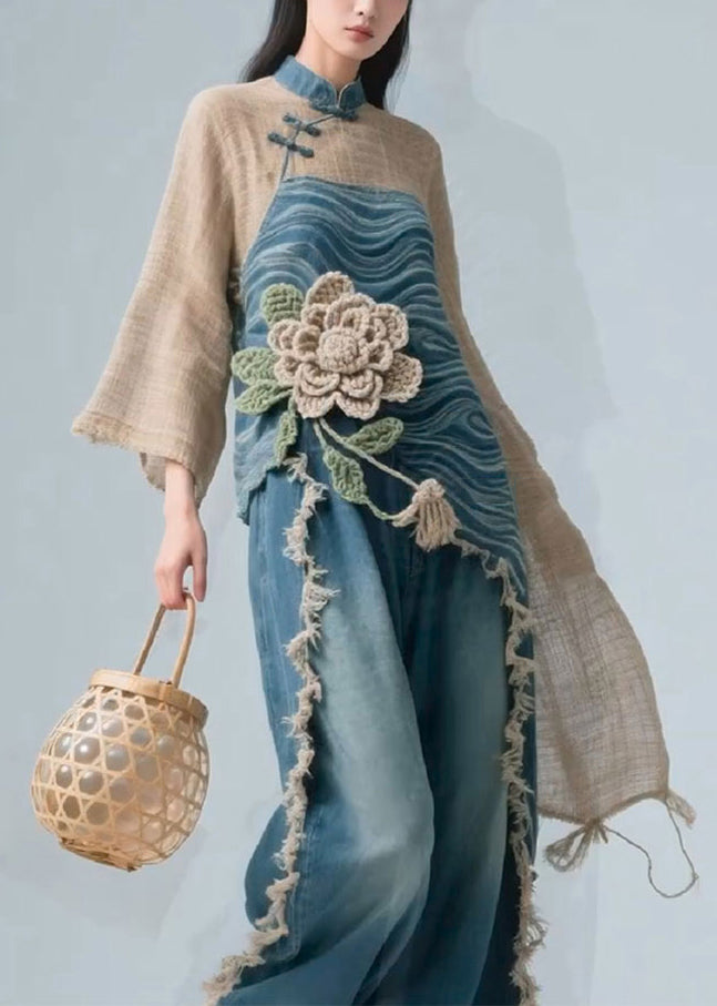 Chic Colorblock Stand Collar Floral Linen Patchwork Blouse Fall