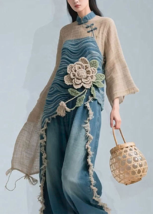 Chic Colorblock Stand Collar Floral Linen Patchwork Blouse Fall