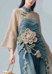 Chic Colorblock Stand Collar Floral Linen Patchwork Blouse Fall