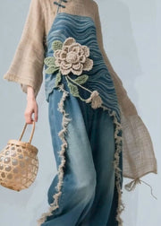 Chic Colorblock Stand Collar Floral Linen Patchwork Blouse Fall