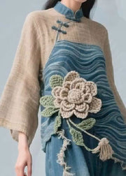 Chic Colorblock Stand Collar Floral Linen Patchwork Blouse Fall