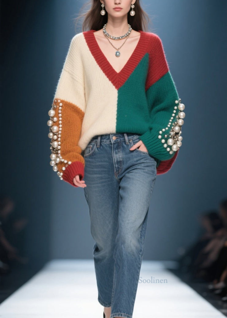 Chic Colorblock V Neck Nail Bead Patchwork Knit Sweater Fall
