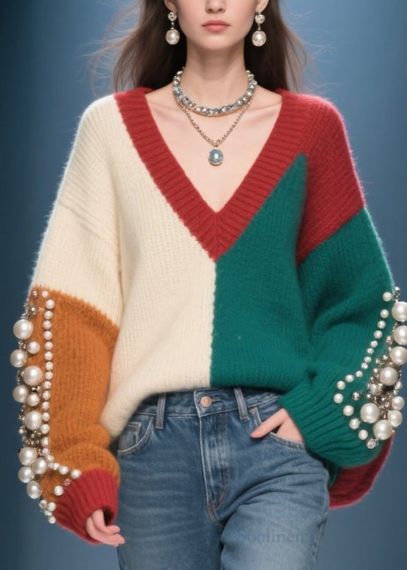 Chic Colorblock V Neck Nail Bead Patchwork Knit Sweater Fall