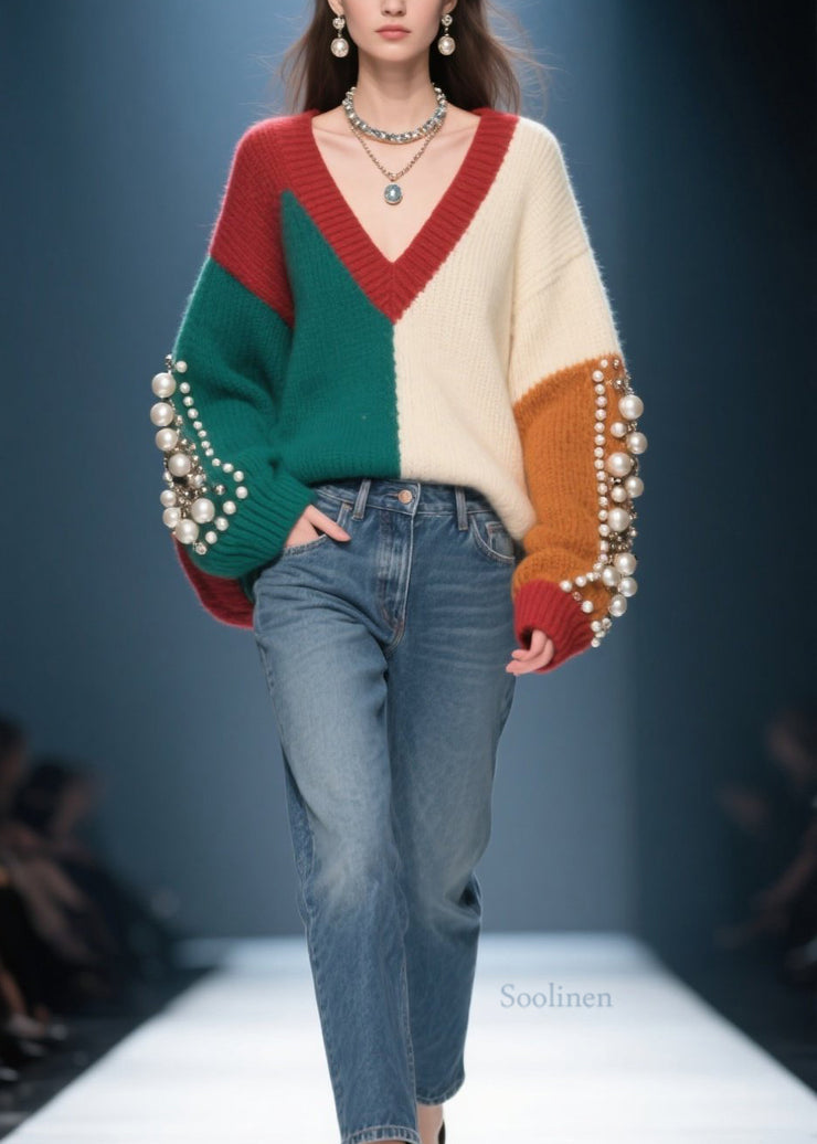 Chic Colorblock V Neck Nail Bead Patchwork Knit Sweater Fall
