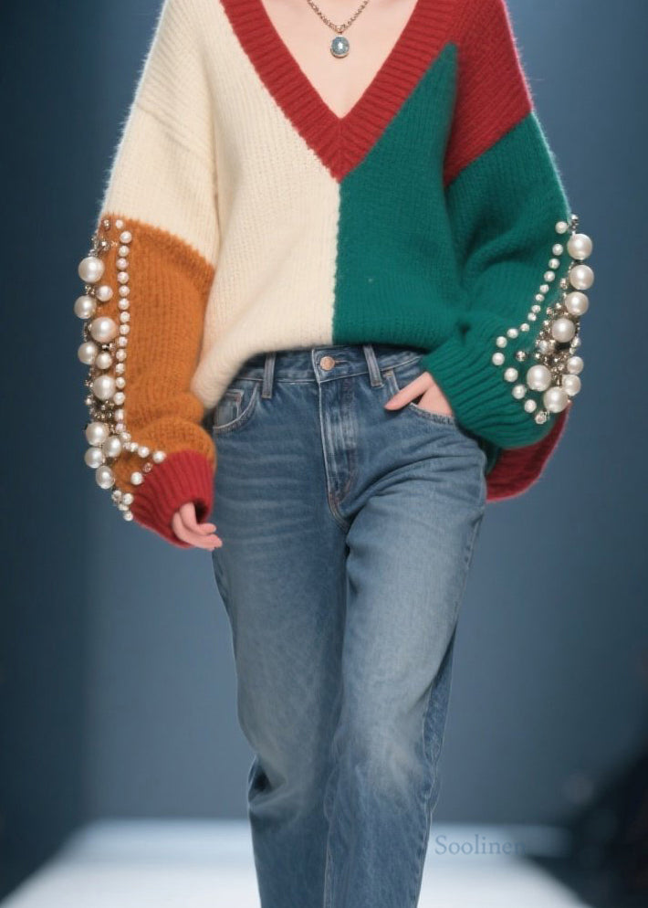 Chic Colorblock V Neck Nail Bead Patchwork Knit Sweater Fall