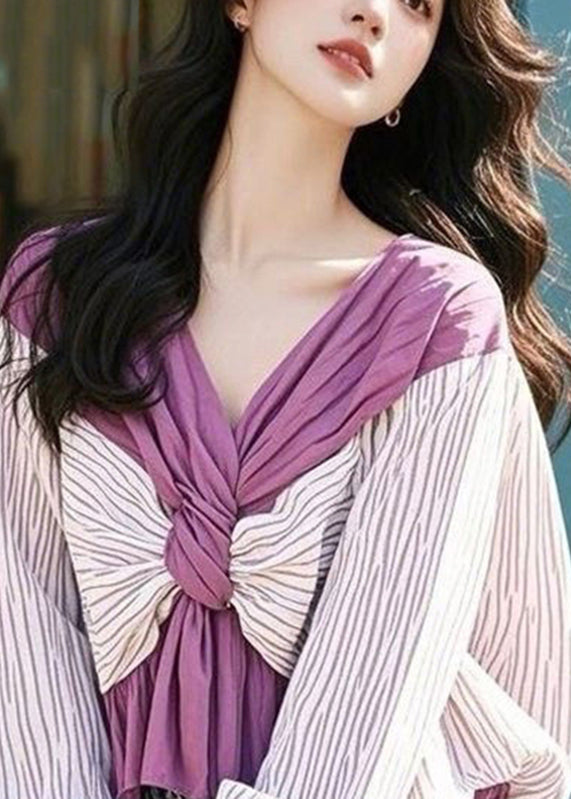 Chic Colorblock V Neck Striped Wrinkled Shirt Puff Sleeve