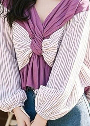 Chic Colorblock V Neck Striped Wrinkled Shirt Puff Sleeve