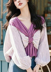 Chic Colorblock V Neck Striped Wrinkled Shirt Puff Sleeve