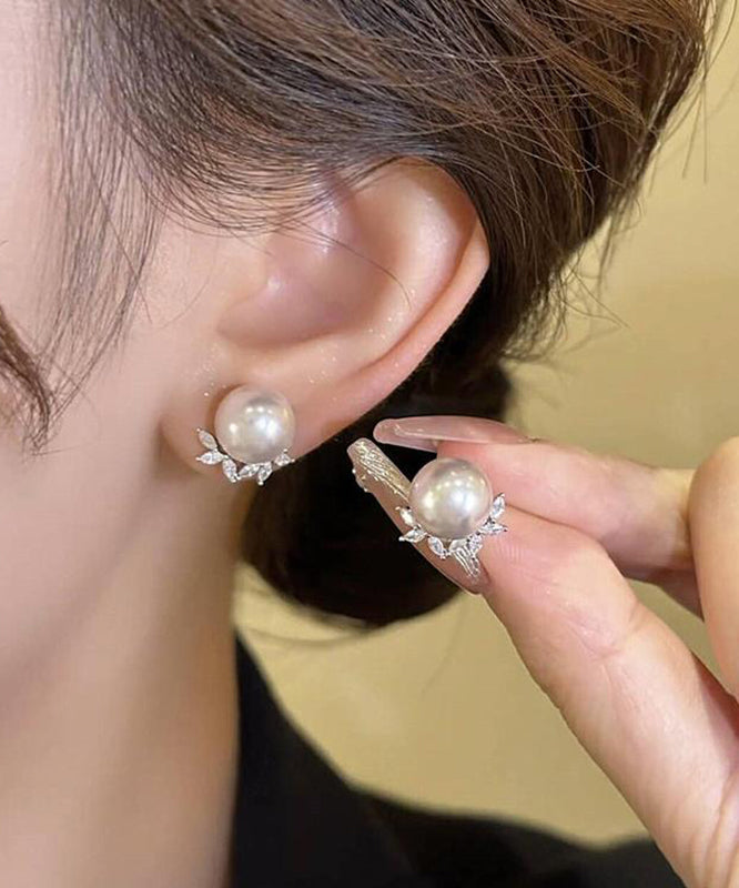 Chic Copper Zircon Pearl Leaf Stud Earrings