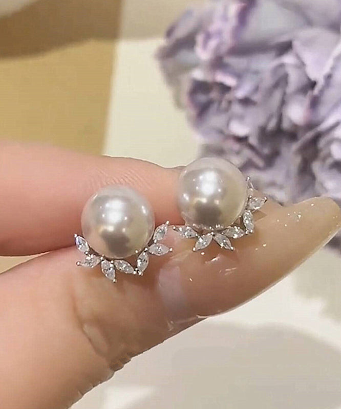Chic Copper Zircon Pearl Leaf Stud Earrings