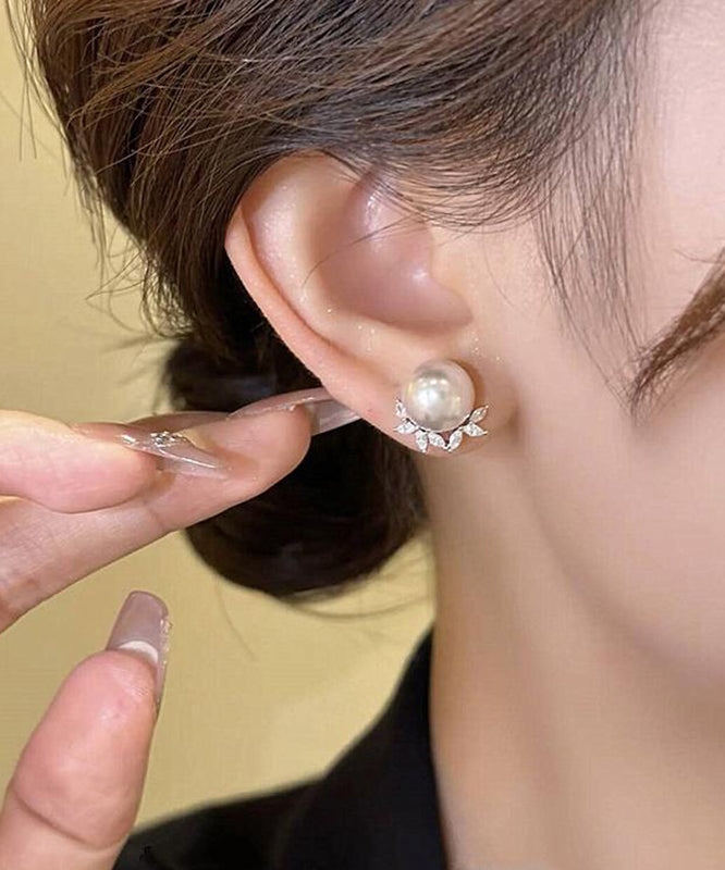 Chic Copper Zircon Pearl Leaf Stud Earrings