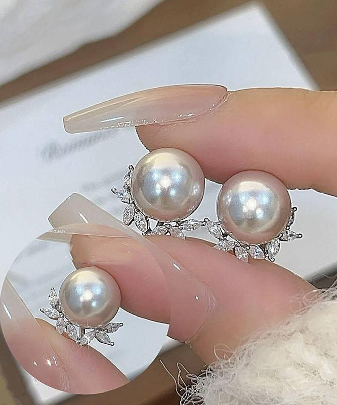 Chic Copper Zircon Pearl Leaf Stud Earrings