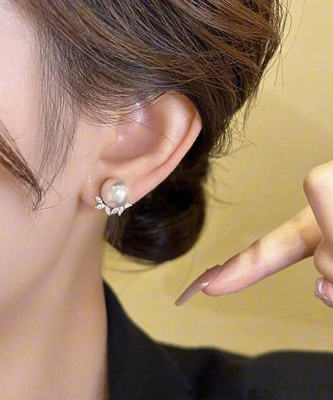 Chic Copper Zircon Pearl Leaf Stud Earrings