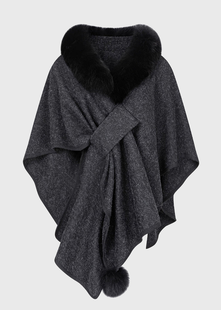 Chic Dark Grey Fur Collar Coats Batwing Sleeve