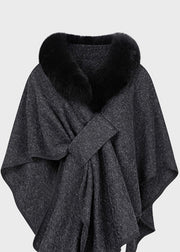 Chic Dark Grey Fur Collar Coats Batwing Sleeve