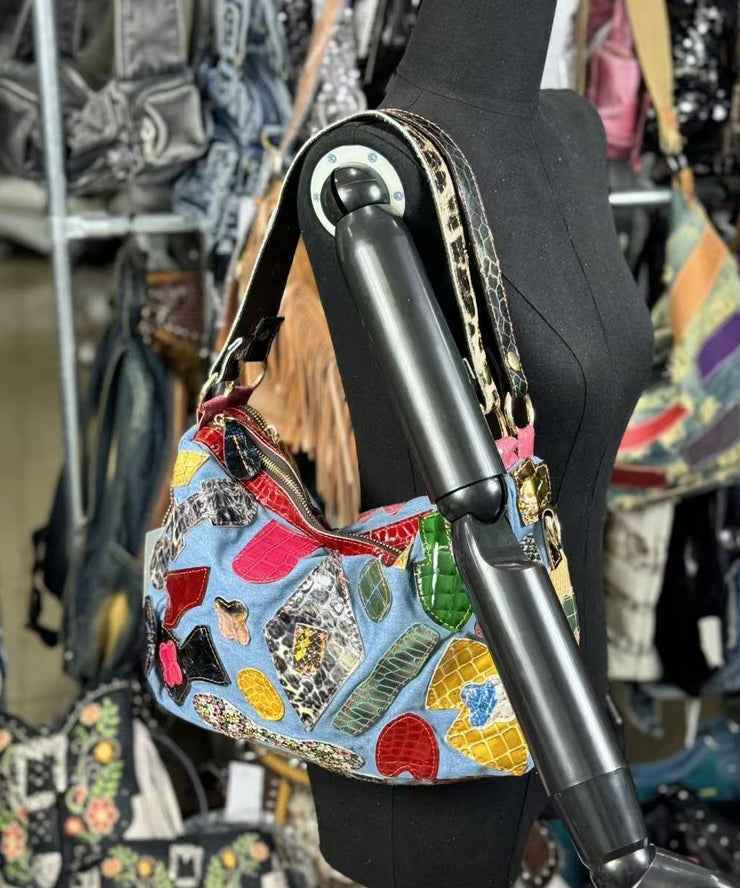 Chic Denim Blue Asymmetrical Patchwork Sheepskin Shoulder Bags