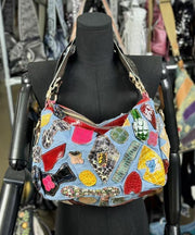 Chic Denim Blue Asymmetrical Patchwork Sheepskin Shoulder Bags