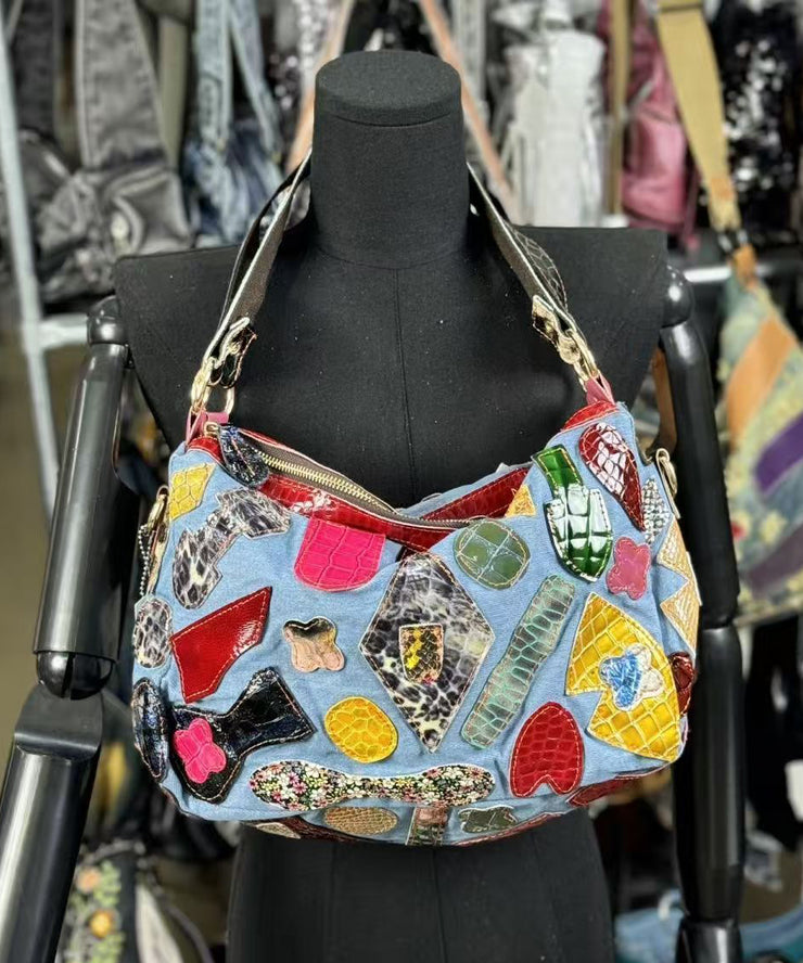 Chic Denim Blue Asymmetrical Patchwork Sheepskin Shoulder Bags
