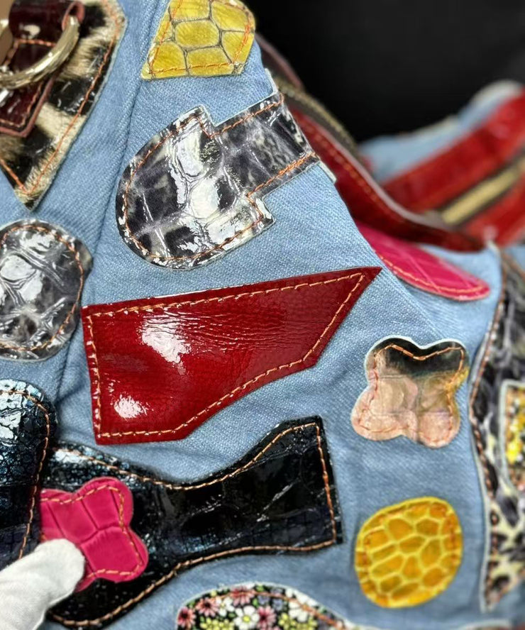 Chic Denim Blue Asymmetrical Patchwork Sheepskin Shoulder Bags