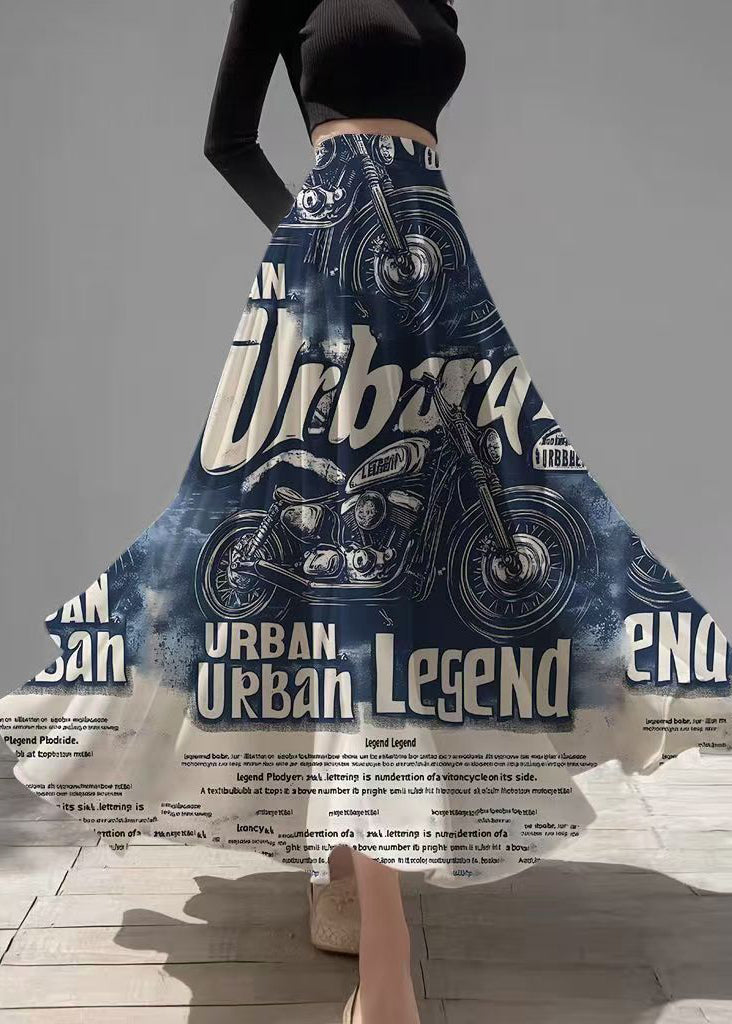 Chic Denim Blue Letter Print Chiffon A Line Skirts Summer