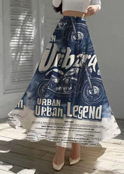 Chic Denim Blue Letter Print Chiffon A Line Skirts Summer