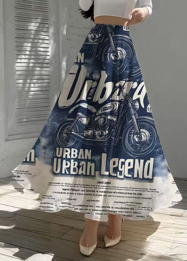 Chic Denim Blue Letter Print Chiffon A Line Skirts Summer