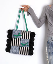 Chic Deninm Blue Patchwork Striped Cotton Shoulder Bags