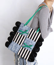 Chic Deninm Blue Patchwork Striped Cotton Shoulder Bags