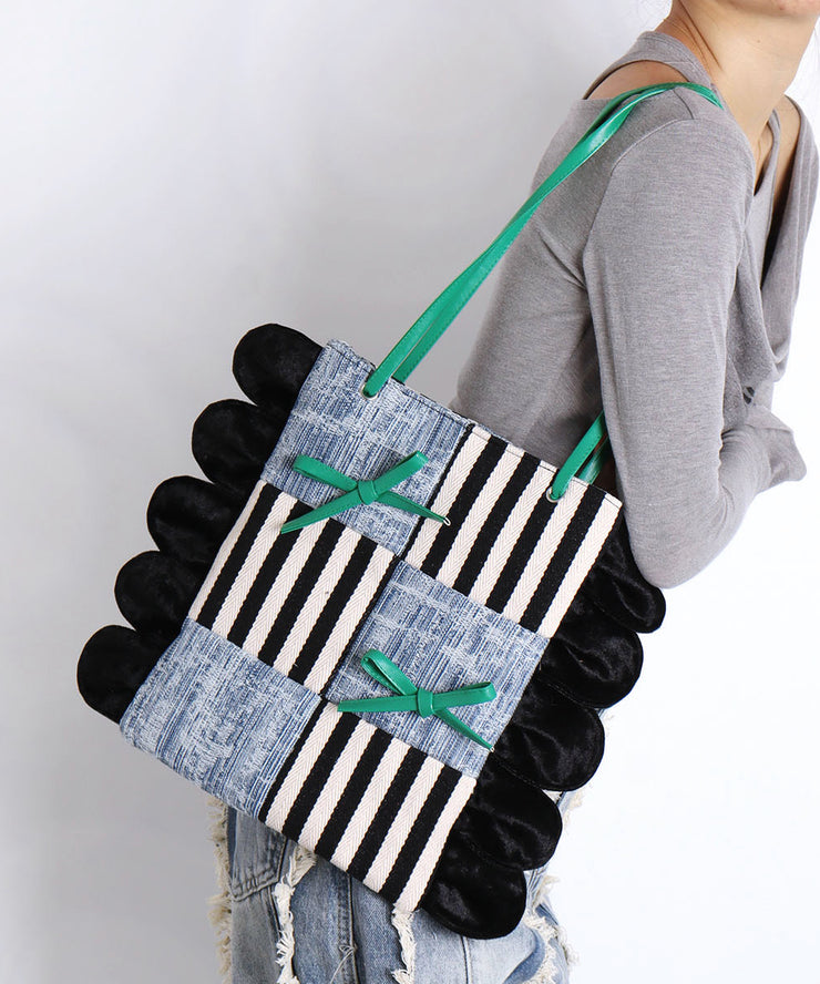 Chic Deninm Blue Patchwork Striped Cotton Shoulder Bags