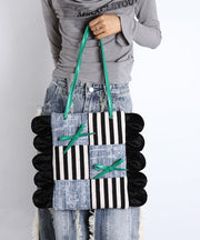 Chic Deninm Blue Patchwork Striped Cotton Shoulder Bags