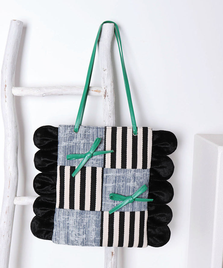 Chic Deninm Blue Patchwork Striped Cotton Shoulder Bags