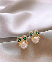 Chic Gold Copper Alloy Zircon Owl Pearl Stud Earrings