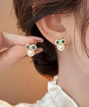 Chic Gold Copper Alloy Zircon Owl Pearl Stud Earrings