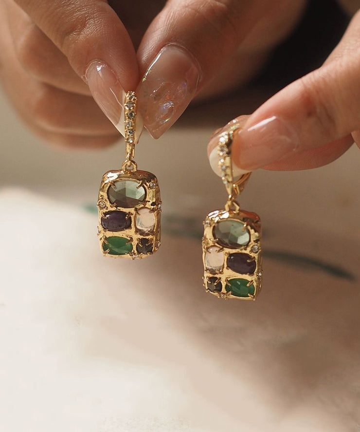 Chic Gold Copper Overgild Gem Stone Tassel Drop Earrings