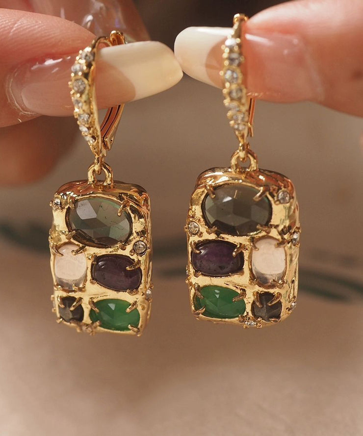 Chic Gold Copper Overgild Gem Stone Tassel Drop Earrings