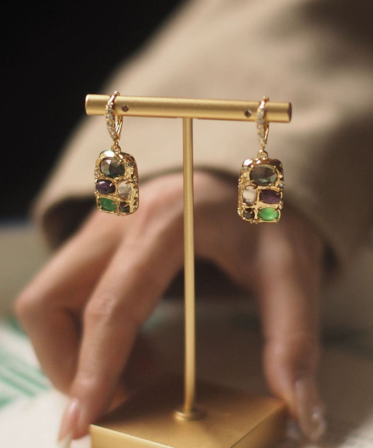 Chic Gold Copper Overgild Gem Stone Tassel Drop Earrings