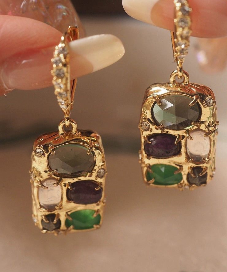 Chic Gold Copper Overgild Gem Stone Tassel Drop Earrings