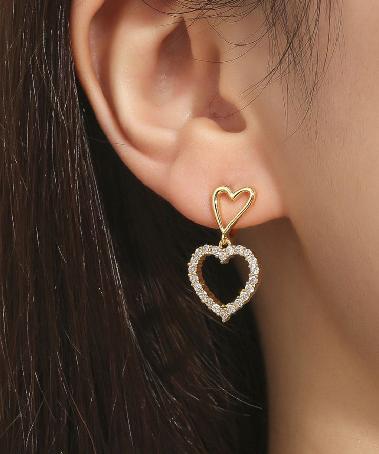 Chic Gold Sterling Silver Overgild Zircon Hollow Out Love Drop Earrings