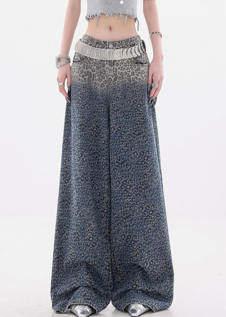 Chic Gradient Color Leopard High Waist Denim Wide Leg Pants Fall