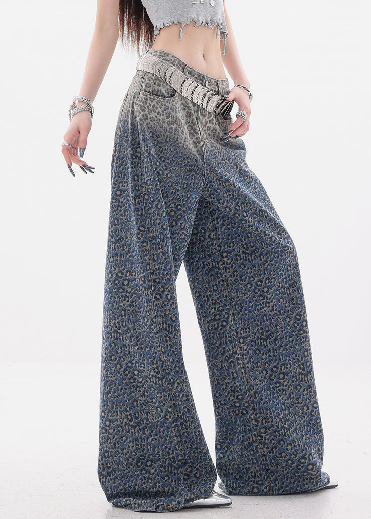 Chic Gradient Color Leopard High Waist Denim Wide Leg Pants Fall