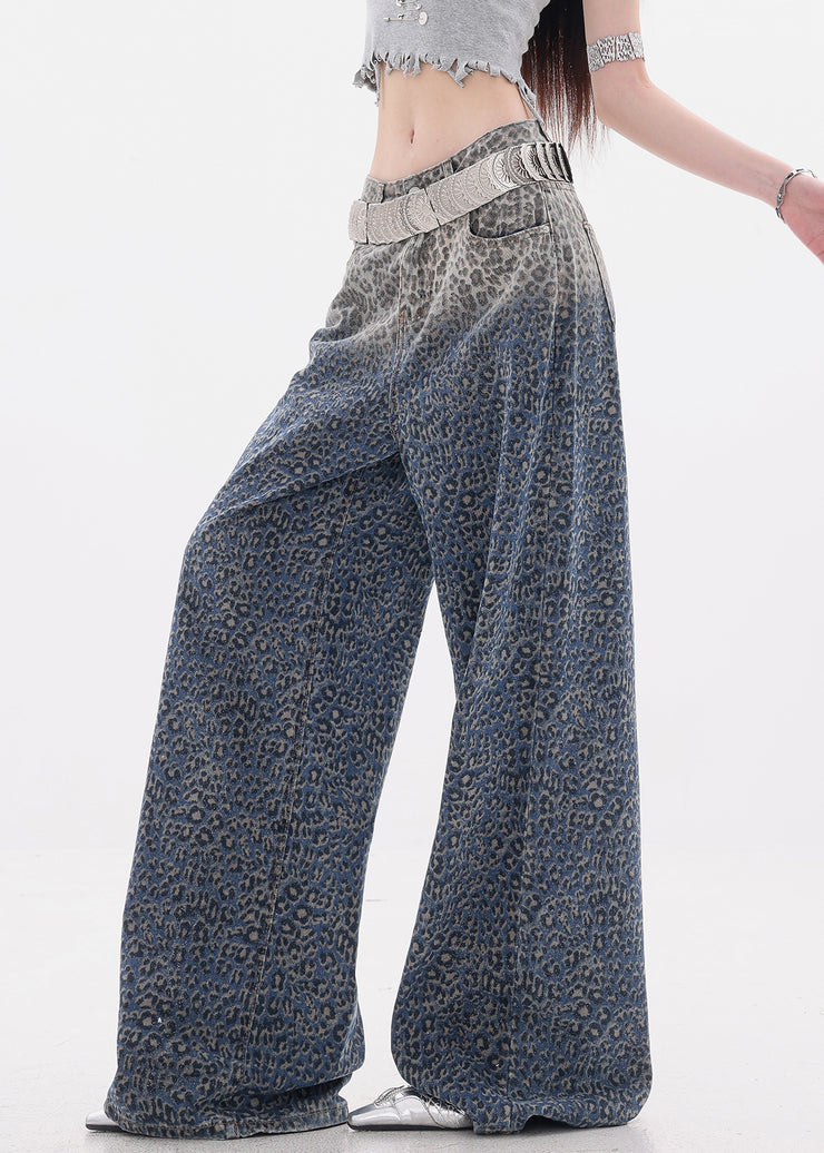 Chic Gradient Color Leopard High Waist Denim Wide Leg Pants Fall